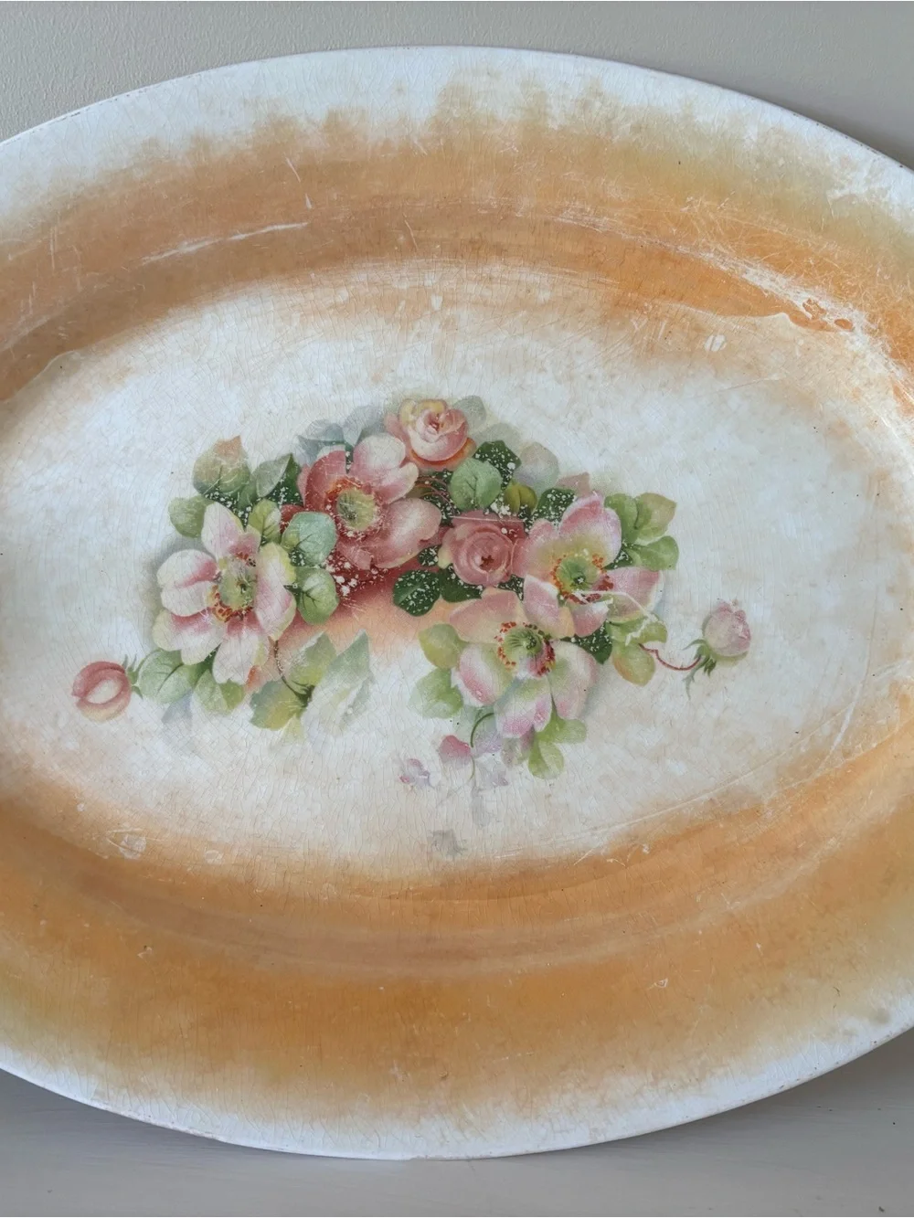 Vintage Floral Oval Serving Tray - Pink Rose Bouquet
